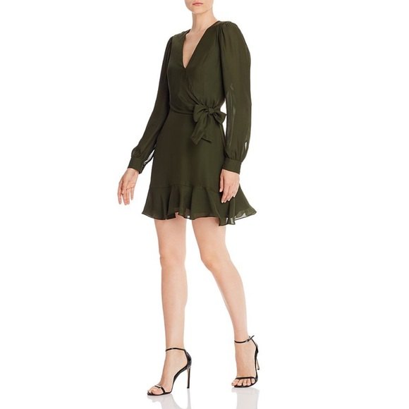 Parker Ny Nwt Miles Mini Dress Long Sleeves Side Waist Tie Lined Dark Green 10
